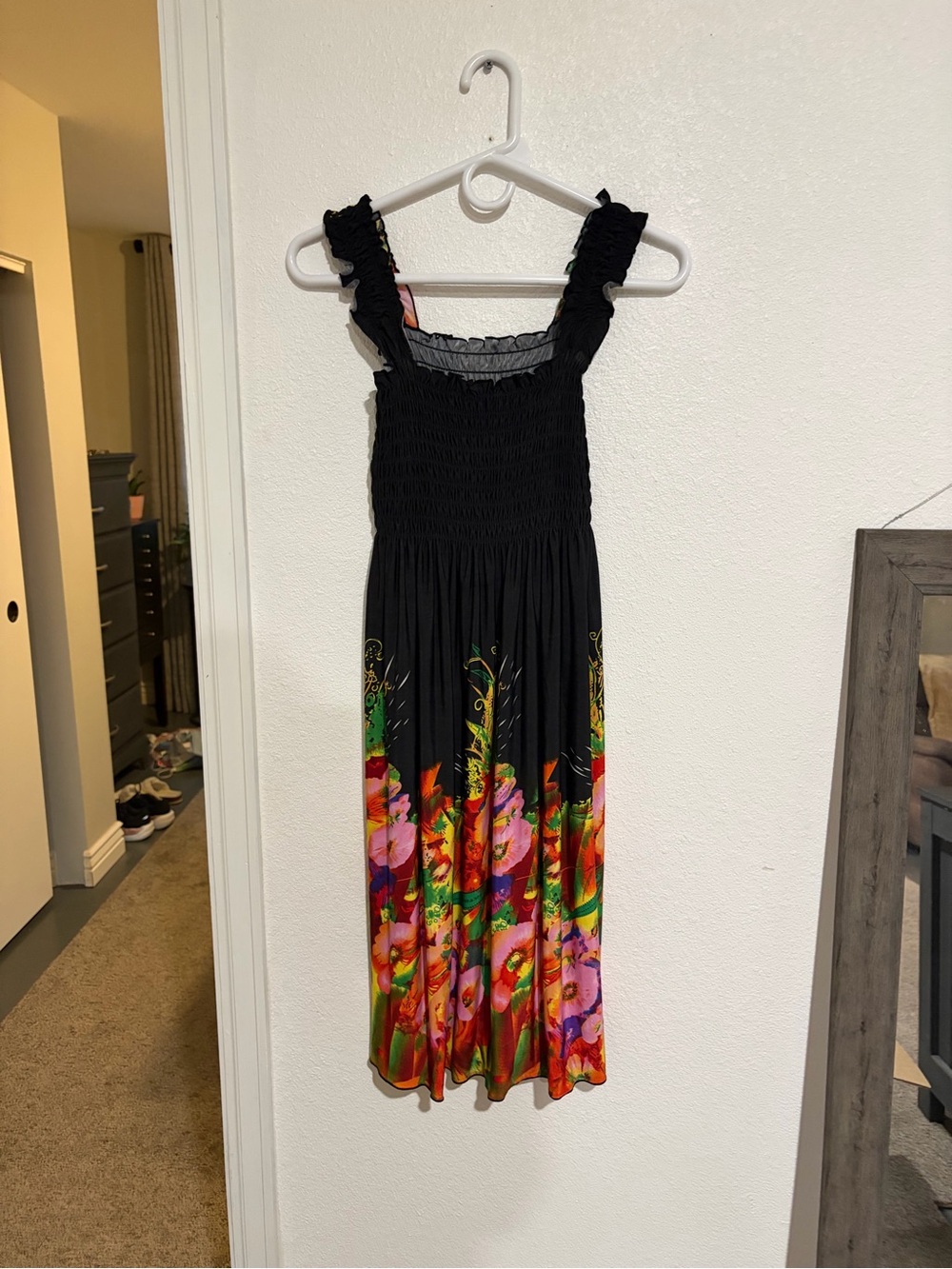Source Unknown Black Maxi Dress with Bright Floral Hem